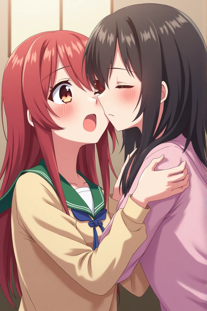 yuri anime , two girls in bed kissing and touching each other