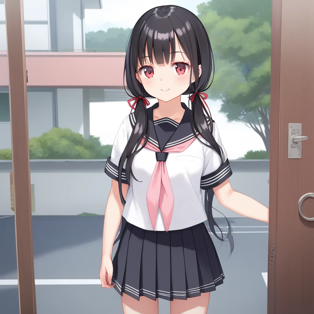 (High resolution, 8k, best quality, masterpiece, ultra detailed), anatomically correct, anime, 1girl, very long low twintails, red ribbon, very long low pigtails, black hair, serafuku, black sailor collar, white blouse, pink neckerchief, school gate, high school, from front, Japanese