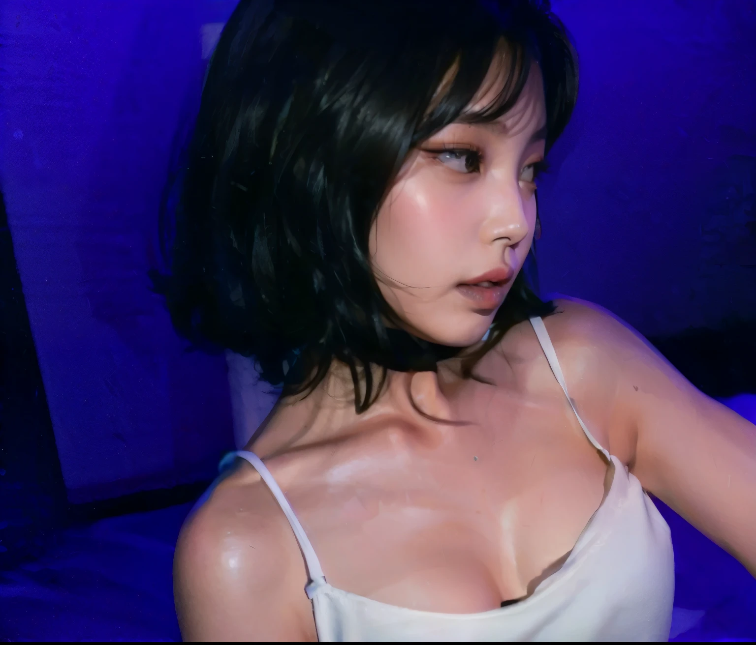 a 20 yo, (green hair, bob hair), black night glown, off-shoulders, show cleavage, dark theme, soothing tones, muted colors, high contrast, (natural skin texture, hyperrealism, soft light, sharp), retro poster as background, Dark Blue. ((Show big thigh, plump body)). Sitting on the bed. Closing mouth. Polaroid.  