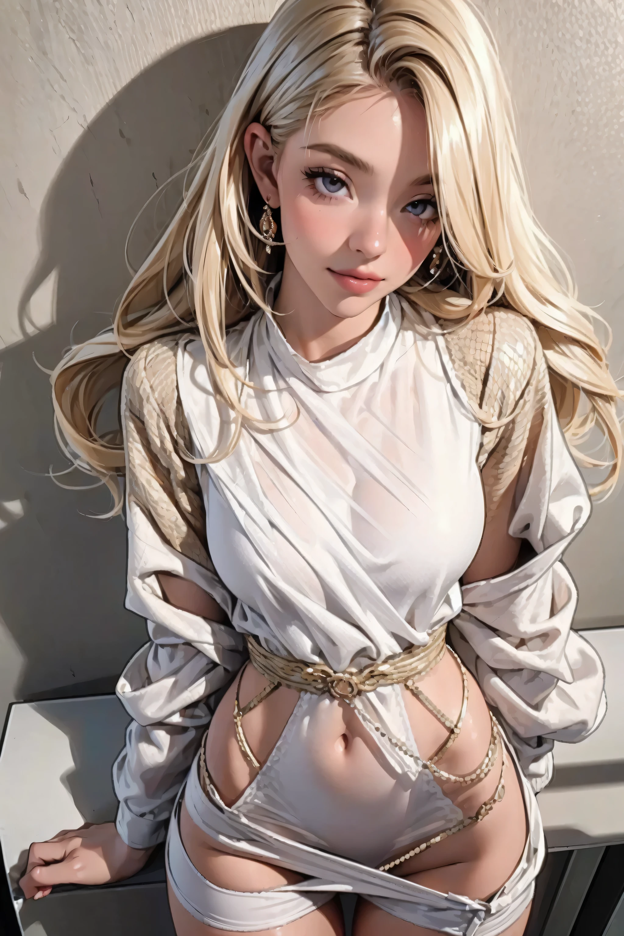 (((Highest quality: 1.4))),(An unparalleled masterpiece), (Ultra-high resolution),(Ultra-realistic 8K CG, Camera view from behind), Official Art、 (((Adult Nudity, Huge nude and exposed nipples, Tied up and tied up bondage style, shibari rope bondage))), (((One Girl))), ((( Spanish Curly Hair ))), (High Ponytail) ,Punk girl with perfect naked body,Beautiful and well-groomed face,Flashy makeup, (Head to thigh image),((Platinum white Spanish Curly Hair )), Simon Bisley'Urban Brutalist Bedroom,Luxury bedroom detailed background,Beautiful Abs, Complex graphics, Deep pink and white stars、Gray and white striped poison々New Tattoo )), Earrings