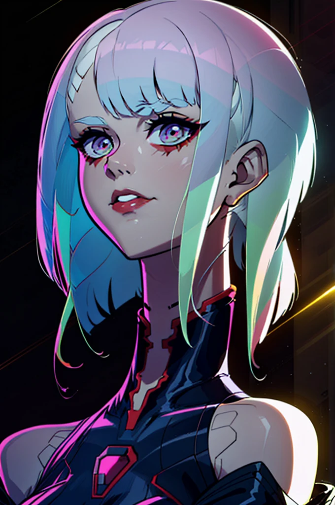 a woman with blue hair and a black shirt is standing in front of a neon background, lois van baarle and rossdraws, portrait of lucy from Cyberpunk Edgerunners, artgerm and lois van baarle, rossdraws 2. 0, rossdraws 1. 0, rossdraws 2. 5, artgerm and rossdraws, artgerm comic, 8K image quality, Masterpiece black background with pink brush splash, 8K image quality, Masterpiece