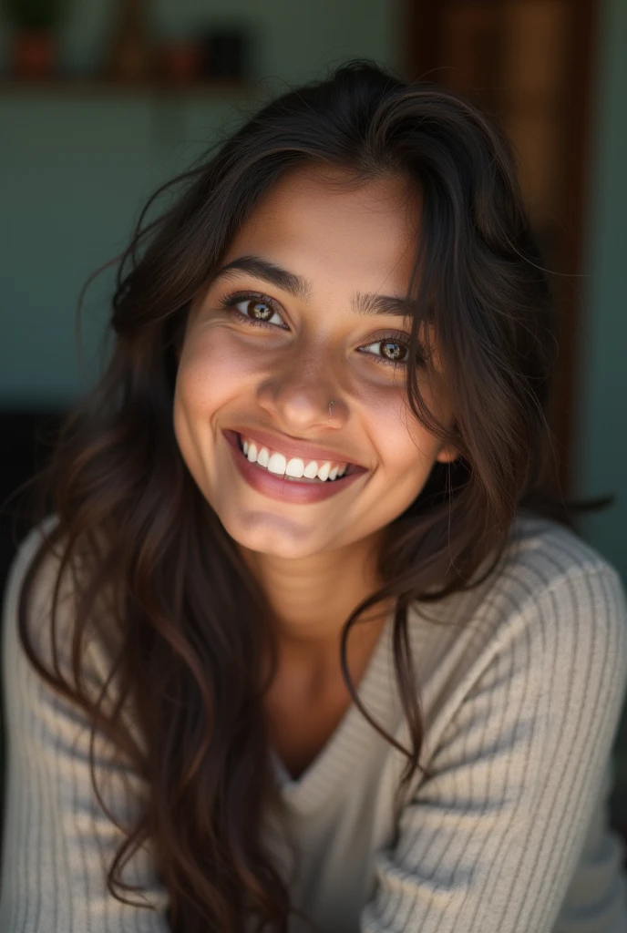 Western Woman with dark hair, natural pose, bad lighting, doesnt look like a photoshoot, amateur, smiling, looks away