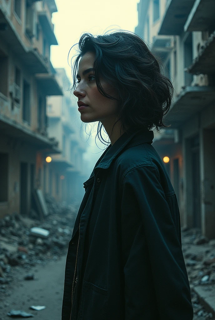 A photorealistic picture, best quality, realistic, full body portrait, real picture, enhanced details, depth of field, post-apocalyptic wasteland, destroyed city, ruins, trash, wrecked cars, graffiti, woman, dressed in old worn clothes, scarf on her head and neck, sunglasses, tattoo on her arm and neck, lots of details, automatic weapon. real face, real silhouette, Fujifilm XT3, outdoors, morning, nice lighting, dynamic, RAW, 8k, uhd, film grain, bokeh. incrase details to the city and the environment,, the signs of decay and destruction, the vegetation and wildlife, the weather and the sky, the mood and atmosphere,