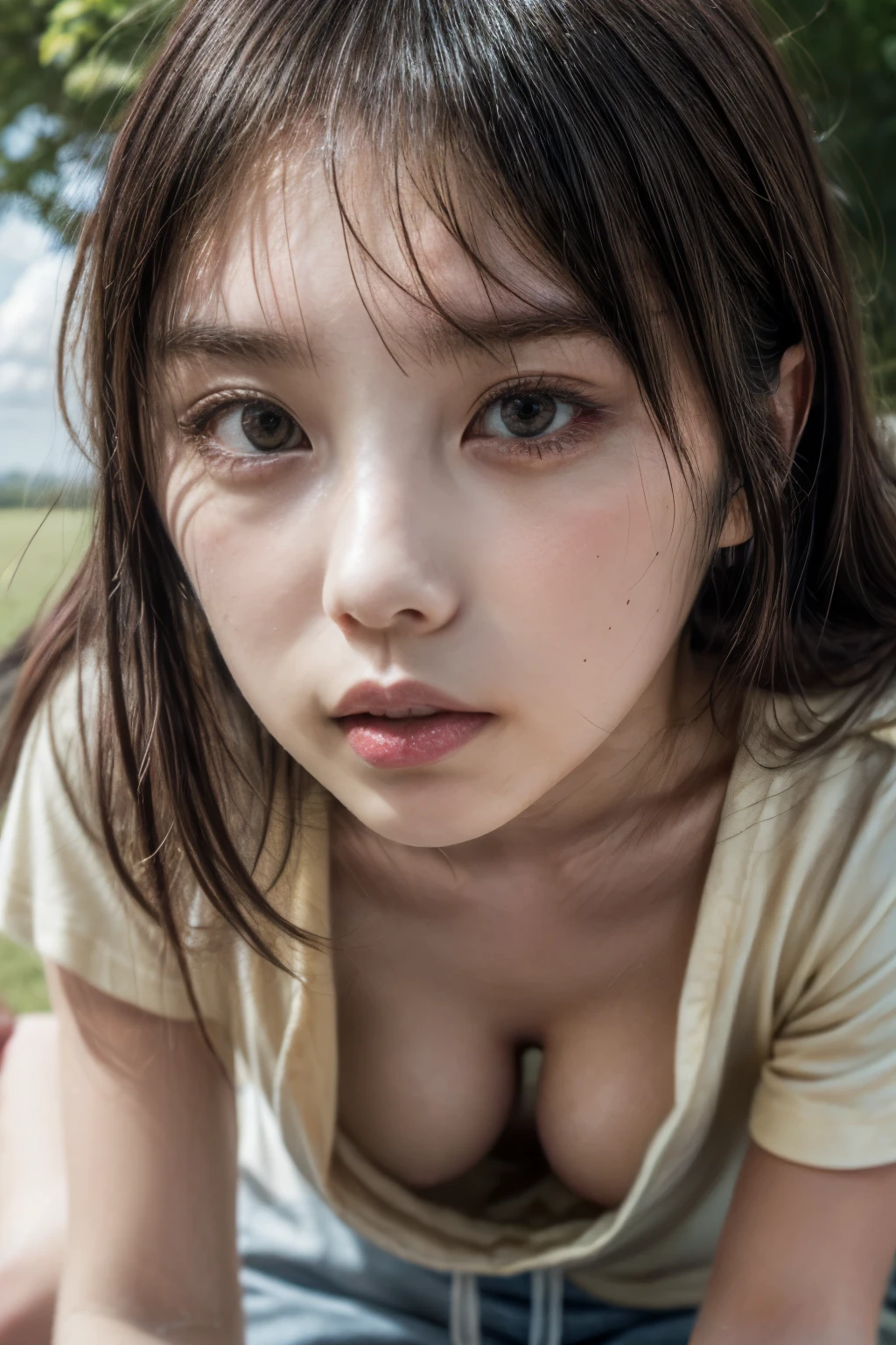 (realistic, photo-realistic), (best quality, masterpiece), high resolution, intricate details, extremely detailed, sharp focus, cinematic lighting, solo, 1girl, a Japanese female idol, (face focus, all fours), (loose t-shirt, shorts), (huge breasts, downblouse), (lewd look, tiny girl, smaller face, detailed face, detailed eyes, sophisticated nose), dark hair, pale skin, photo background, outdoors, large park, blue sky and clouds, 