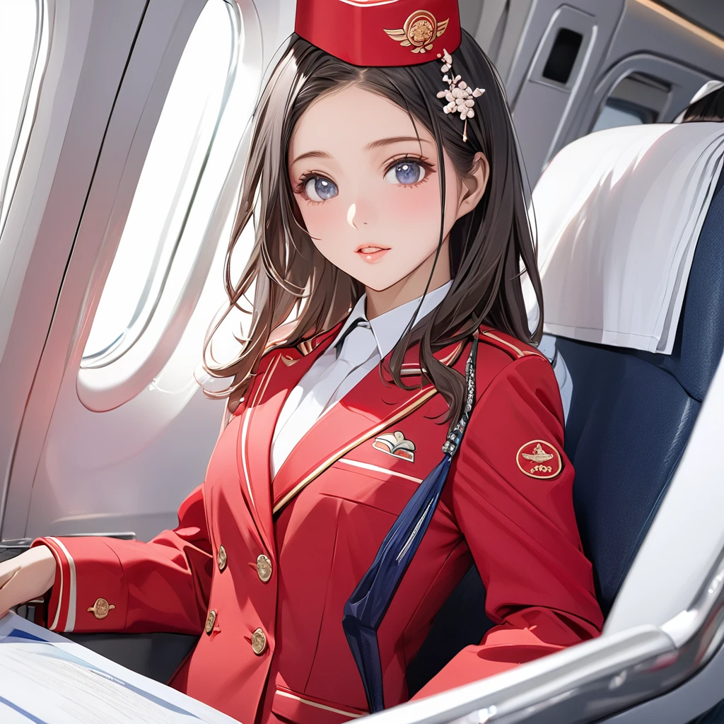 ((Highest quality)), ((masterpiece)), (detailed), （Perfect Face）、The woman is Satomi Ishihara, a flight attendant for the Chinese national airline with black hair and a red uniform.