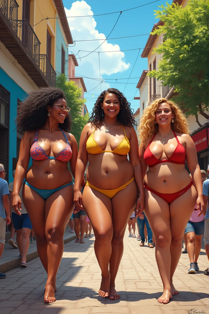 Group of fat girls walking down the street in one piece swimsuits