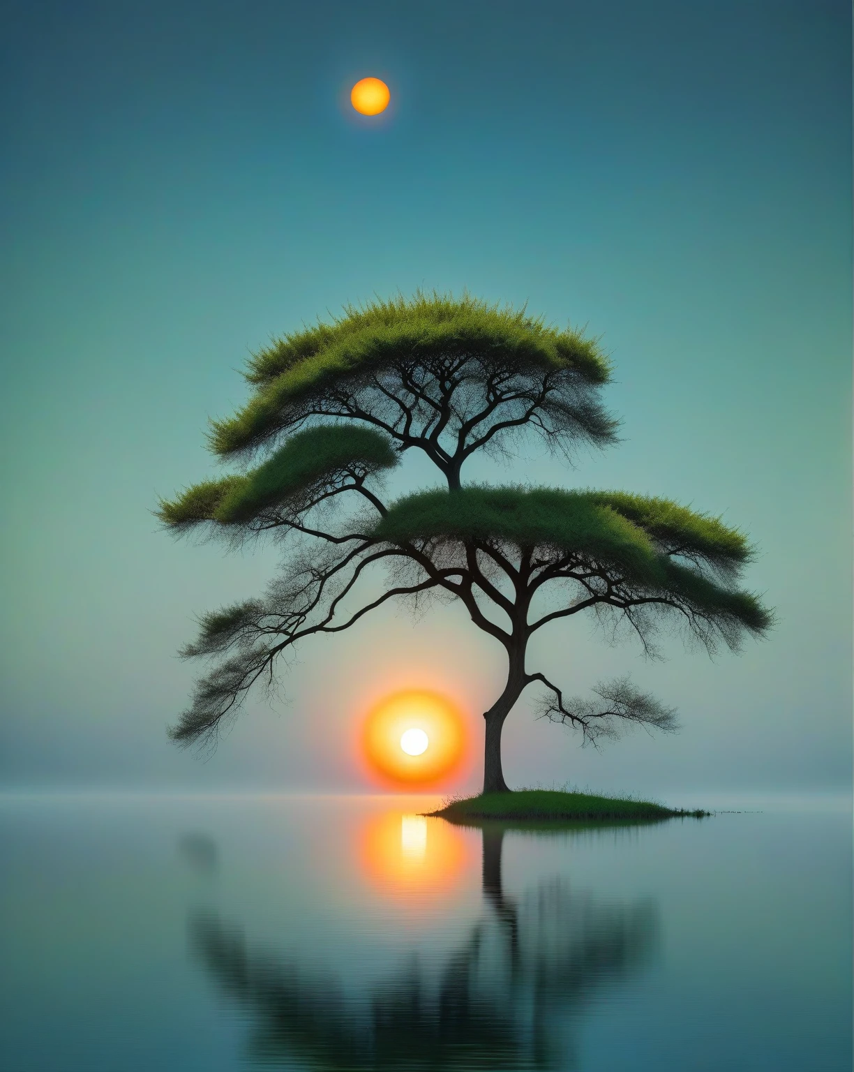 a silhouette of a tree standing in a grassy field, breathtaking composition, the most beautiful image ever, large double sun set, extremely accurate photograph, astonishingly simple composition, surreal photography, stunning natural scenery in the background, natural tree, the tree is positioned on a serene body of water, fantastic composition, centered image, perfectly symmetrical image