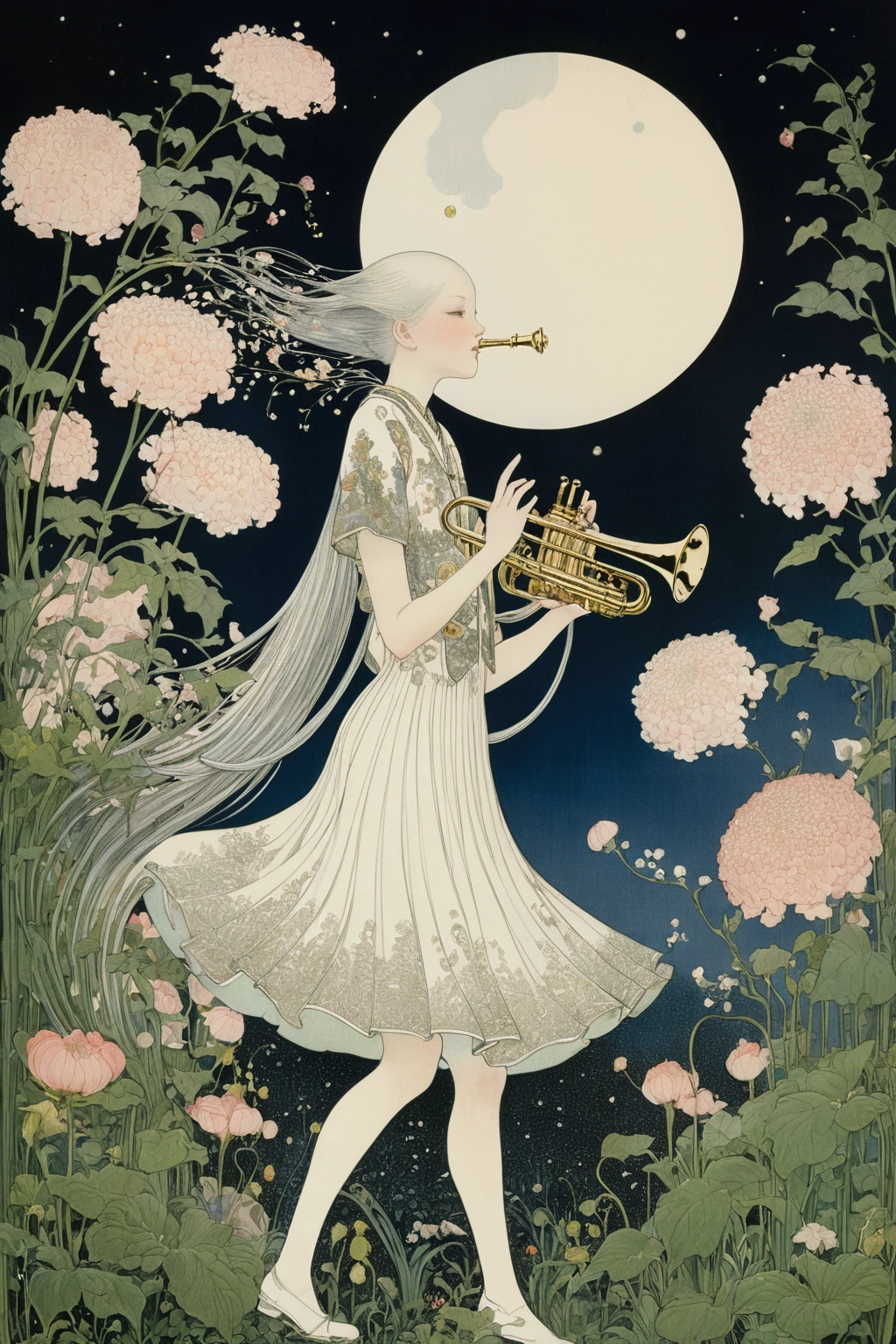 Kay Nielsen, Maki Enjōji, Lívia Rusz, Gazmend Leka, Yu asagiri, Surrealism, wonder, strange, fantastical, fantasy, Sci-fi, Japanese anime, beautiful high school girl in a miniskirt watering trumpet flowers, perfect voluminous body, imaginary garden, flower bed of imagination, detailed masterpiece 