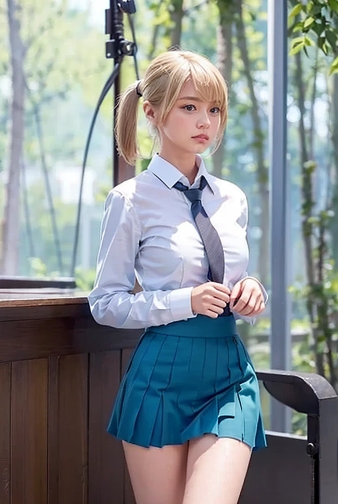 One girl, Full body front、Blonde ponytail, short hair, blue eyes, White shirt, Green tie, （Small breasts 1.2）、Slim and beautiful legs、Green Skirt,Black pantyhose up to the waist with clear details, rain, Detailed Background 