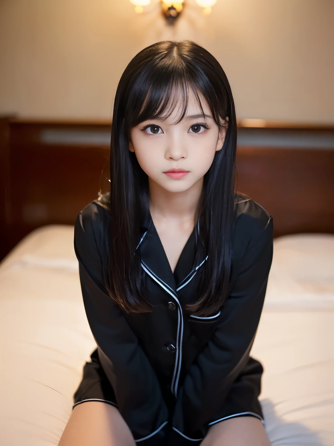 8k,Japanese,6 years old,innocent face,teenage girl,cute,summer clothes,everyday wear,sitting,black hair,on the bed,coastline,hair clip,night view,starry sky