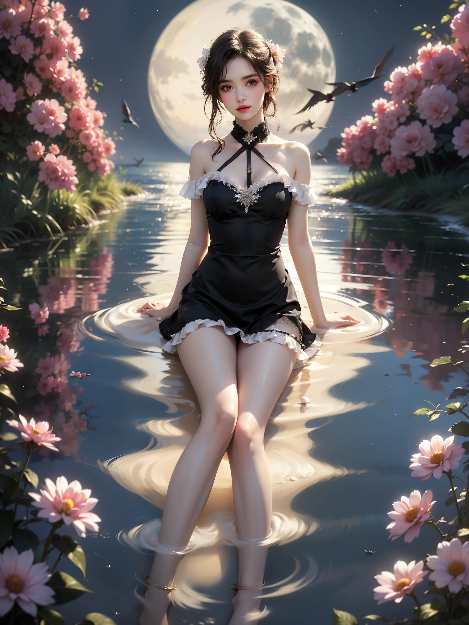 black cross laced apron, side slit, frills, thighhighs, sunglasses, (High quality details), 1 Girl, solo, Young women, Elegant Posture, ((night, moonlight)), (Female figure，Lying position，Lie flat in the water，Relaxed expression), (Focus on natural body posture and correct anatomy:1.3), (Perfect leg proportions:1.3)，(True and accurate leg shape:1.2), ((Natural leg position)), The skirt is very short, One hand stroked the hem of the skirt, Lift the hem of the skirt, Bare shoulders, Natural posture, Soft expression, Exquisite makeup, Soft blush, Bright Eyes, Soft lips, Flower fairy style, ((Anatomically accurate)), (Real natural legs), Smooth skin, Soft lighting, high resolution, 8K Ultra HD, Clear focus, Professional photography effects, Random elegant scenes, Multi-angle shooting