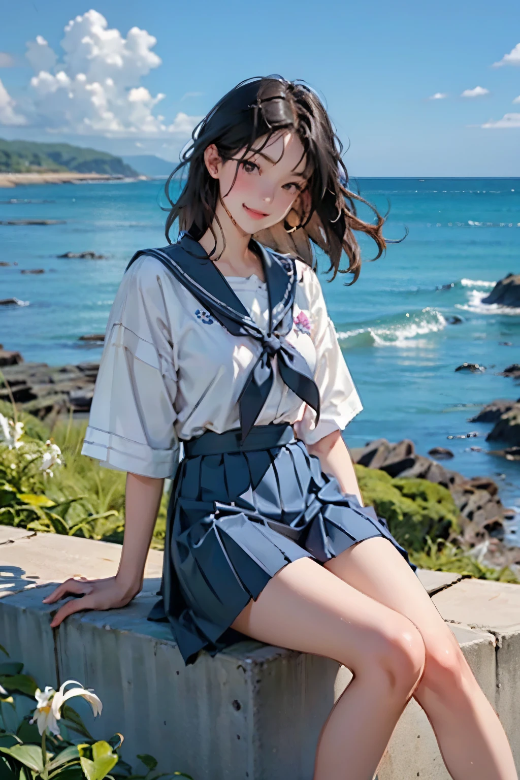 Beautiful One Japan Woman、Hair color is black、black eye、Medium Hair、Straight hair、smile、Slim but well-proportioned figure,、sit on a high breakwater on the beach、The blue sky is beautiful、There is a cloud at the entrance、(The lily of the valley flowers are blooming)、summer、I'm wearing a sailor suit、Wearing a navy blue pleated skirt、Wear loafers、There is a road in front of the breakwater...、There is a sign indicating the bus stop.、The sea is beautiful、The horizon is beautiful、An island can be seen offshore