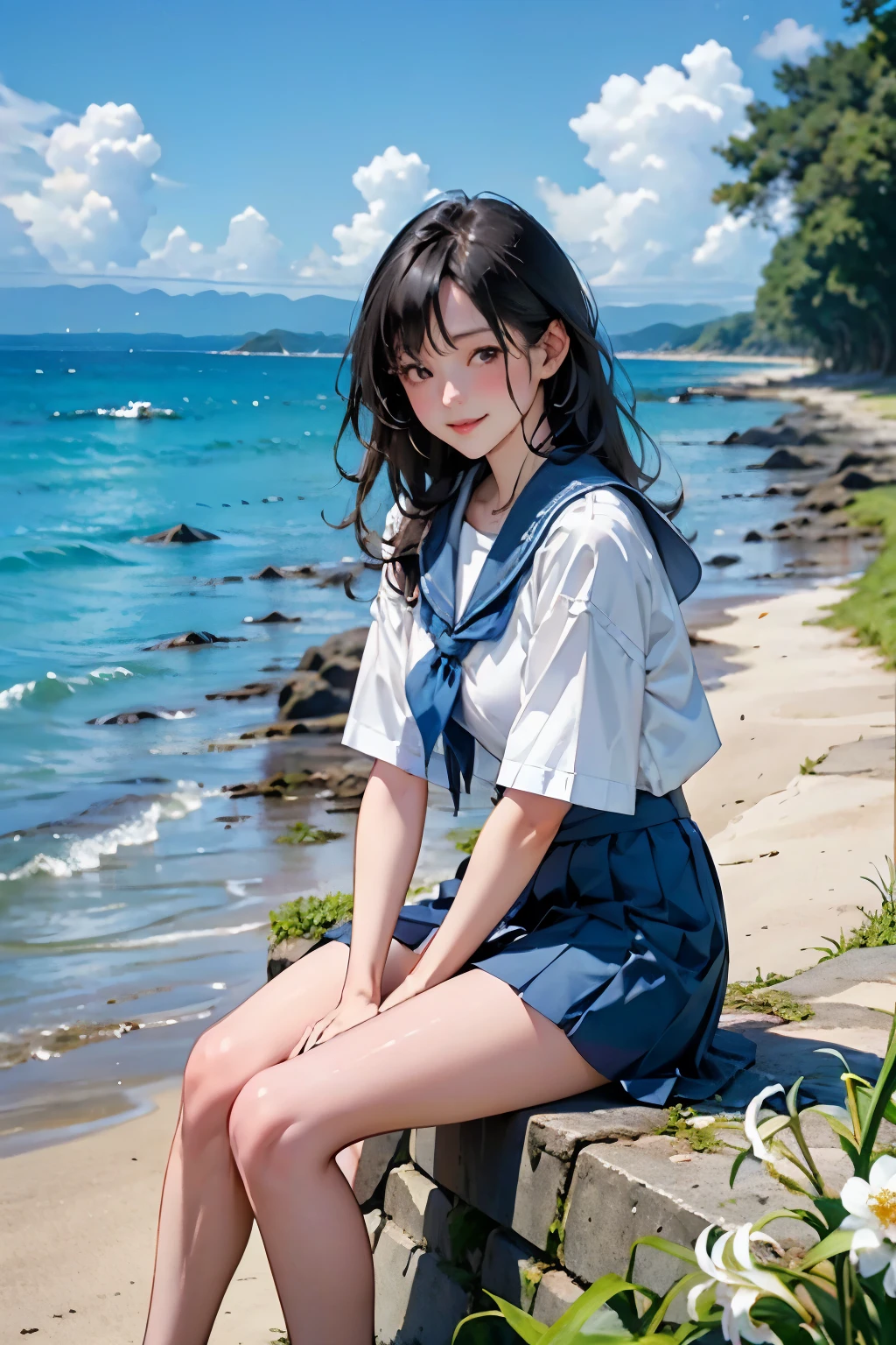 Beautiful One Japan Woman、Hair color is black、black eye、Medium Hair、Straight hair、smile、Slim but well-proportioned figure,、sit on a high breakwater on the beach、The blue sky is beautiful、There is a cloud at the entrance、(The lily of the valley flowers are blooming)、summer、I'm wearing a sailor suit、Wearing a navy blue pleated skirt、Wear loafers、There is a road in front of the breakwater...、There is a sign indicating the bus stop.、The sea is beautiful、The horizon is beautiful、An island can be seen offshore