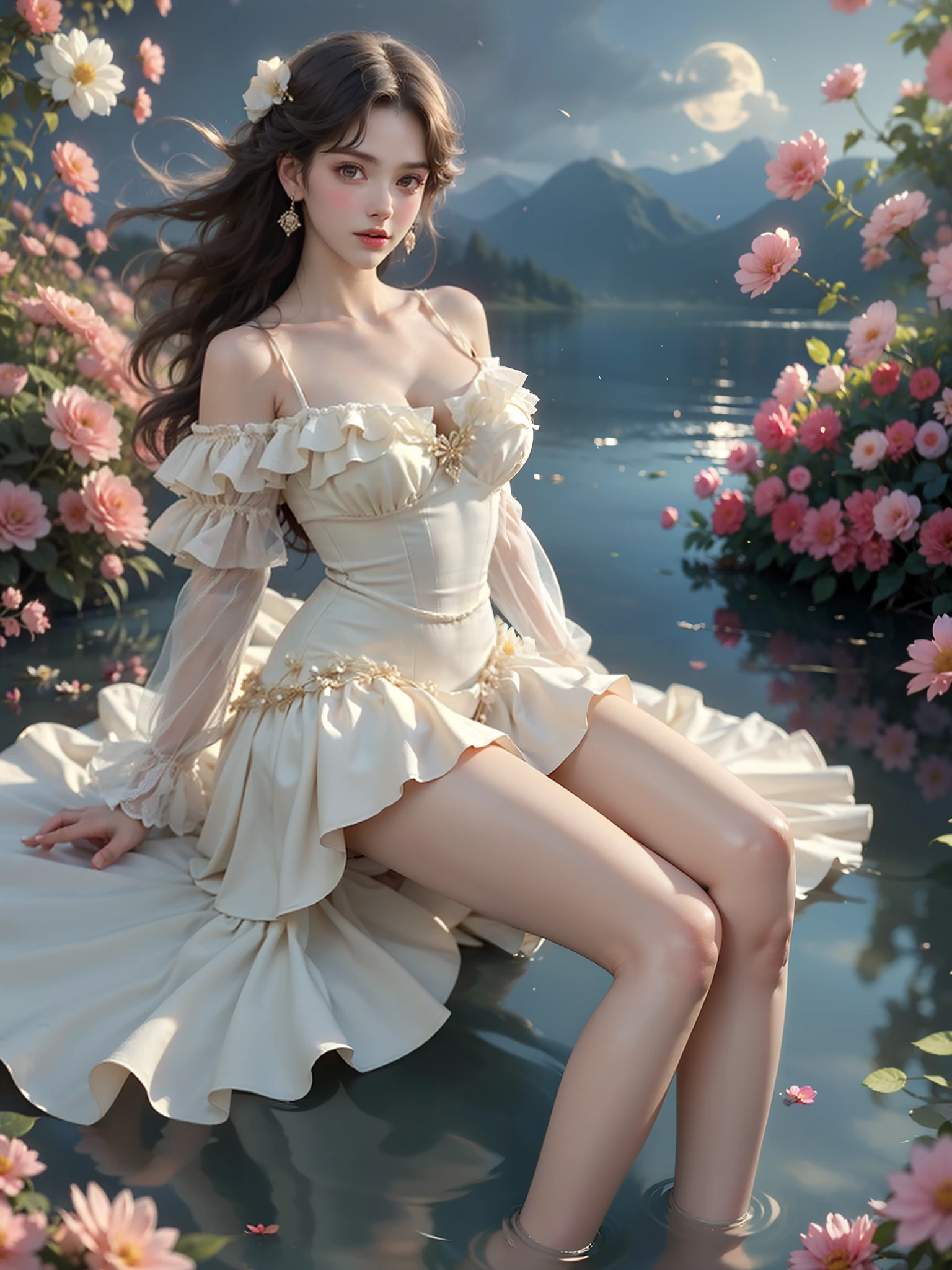 lullaby dress
off shoulder dress
frills (High quality details), 1 Girl, solo, Young women, Elegant Posture, ((night, moonlight)), (Female figure，Lying position，Lie flat in the water，Relaxed expression), (Focus on natural body posture and correct anatomy:1.3), (Perfect leg proportions:1.3)，(True and accurate leg shape:1.2), ((Natural leg position)), The skirt is very short, One hand stroked the hem of the skirt, Lift the hem of the skirt, Bare shoulders, Natural posture, Soft expression, Exquisite makeup, Soft blush, Bright Eyes, Soft lips, Flower fairy style, ((Anatomically accurate)), (Real natural legs), Smooth skin, Soft lighting, high resolution, 8K Ultra HD, Clear focus, Professional photography effects, Random elegant scenes, Multi-angle shooting