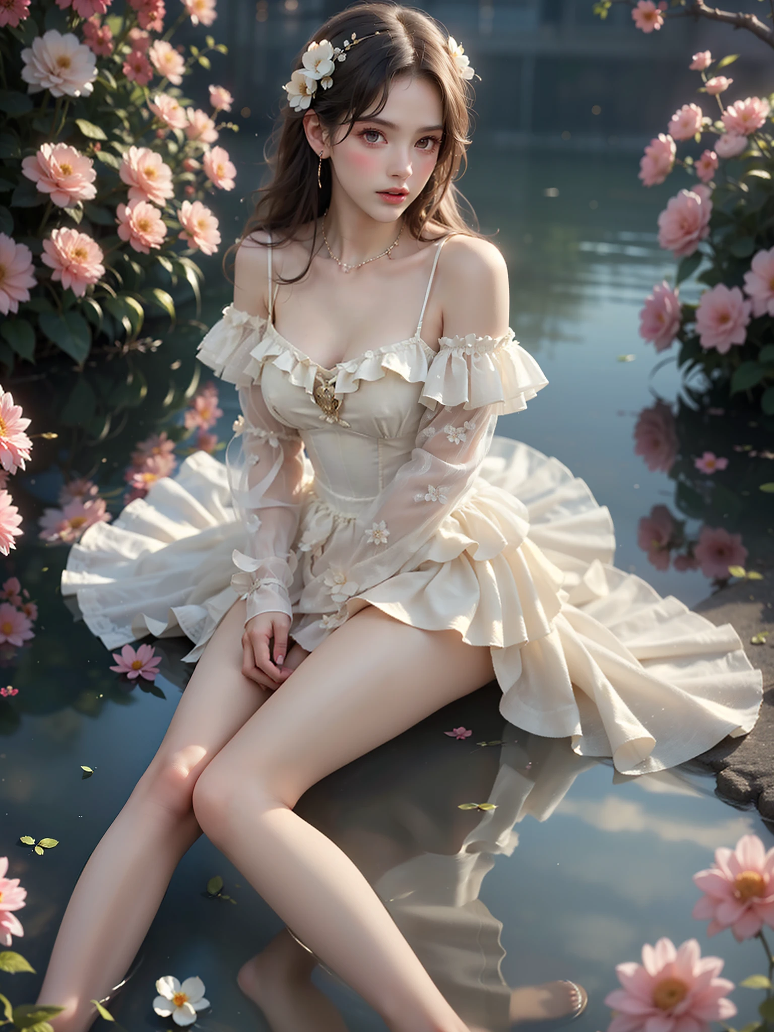 lullaby dress
off shoulder dress
frills (High quality details), 1 Girl, solo, Young women, Elegant Posture, ((night, moonlight)), (Female figure，Lying position，Lie flat in the water，Relaxed expression), (Focus on natural body posture and correct anatomy:1.3), (Perfect leg proportions:1.3)，(True and accurate leg shape:1.2), ((Natural leg position)), The skirt is very short, One hand stroked the hem of the skirt, Lift the hem of the skirt, Bare shoulders, Natural posture, Soft expression, Exquisite makeup, Soft blush, Bright Eyes, Soft lips, Flower fairy style, ((Anatomically accurate)), (Real natural legs), Smooth skin, Soft lighting, high resolution, 8K Ultra HD, Clear focus, Professional photography effects, Random elegant scenes, Multi-angle shooting