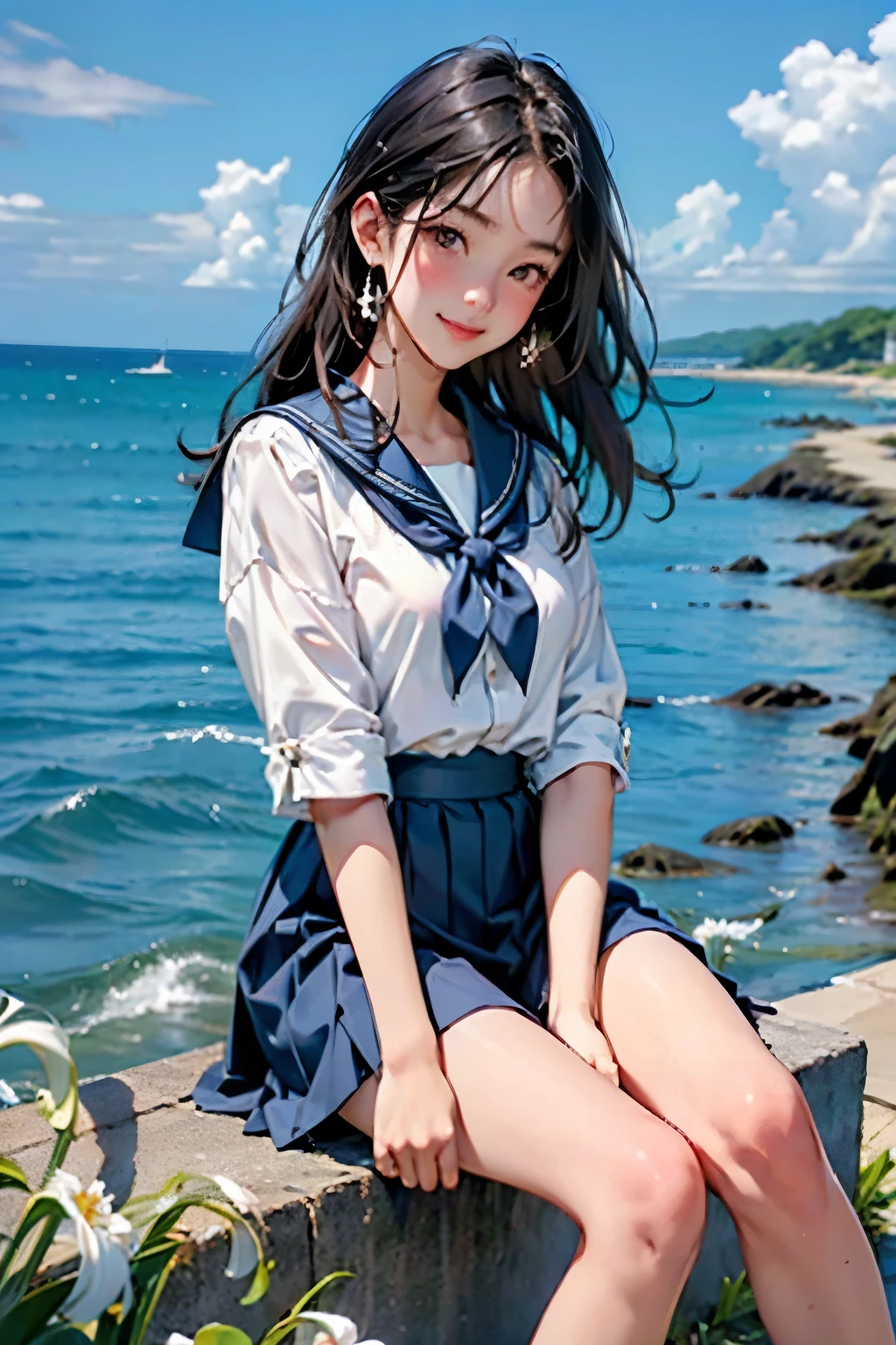 Beautiful One Japan Woman、Hair color is black、black eye、Medium Hair、Straight hair、smile、Slim but well-proportioned figure,、sit on a high breakwater on the beach、The blue sky is beautiful、There is a cloud at the entrance、(The lily of the valley flowers are blooming:1.2)、summer、I'm wearing a sailor suit、Wearing a navy blue pleated skirt、Wear loafers、There is a road in front of the breakwater...、There is a sign indicating the bus stop.、The sea is beautiful、The horizon is beautiful、An island can be seen offshore