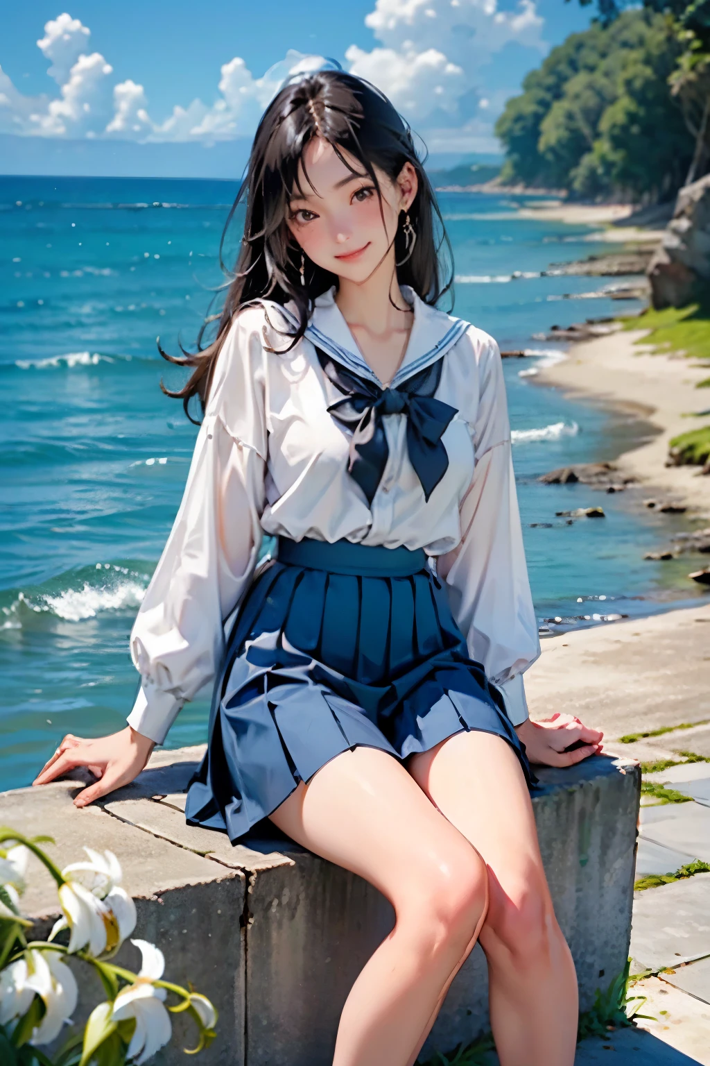 Beautiful One Japan Woman、Hair color is black、black eye、Medium Hair、Straight hair、smile、Slim but well-proportioned figure,、sit on a high breakwater on the beach、The blue sky is beautiful、There is a cloud at the entrance、(The lily of the valley flowers are blooming:1.2)、summer、I'm wearing a sailor suit、Wearing a navy blue pleated skirt、Wear loafers、There is a road in front of the breakwater...、There is a sign indicating the bus stop.、The sea is beautiful、The horizon is beautiful、An island can be seen offshore