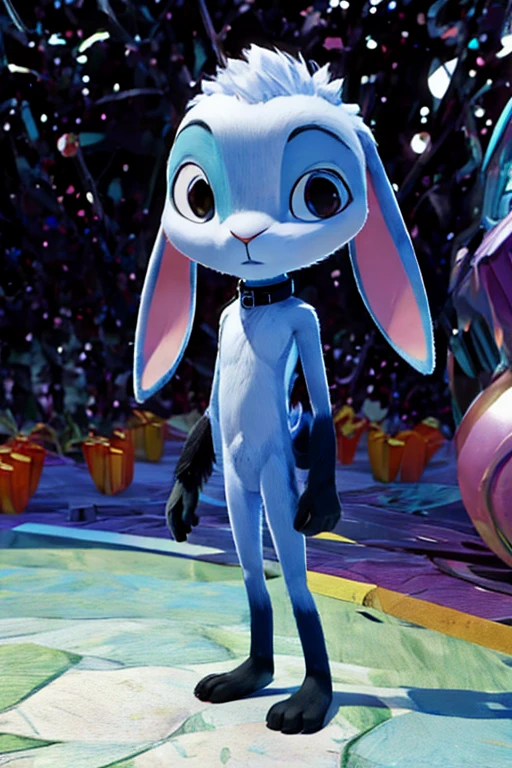  The image shows a young humanoid anthropomorphic cartoon creature like rabbit in a black and blue fur, with a sad expression, and he has a large flaccid black horse pen exposed. 3D character, naked, nakedness, naked. pen. testicles, NSFW, rabbit, Long ears, floppy Long ears, White face, White head, black collar, black pen, black hands and feet. three fingers on hands and feet.