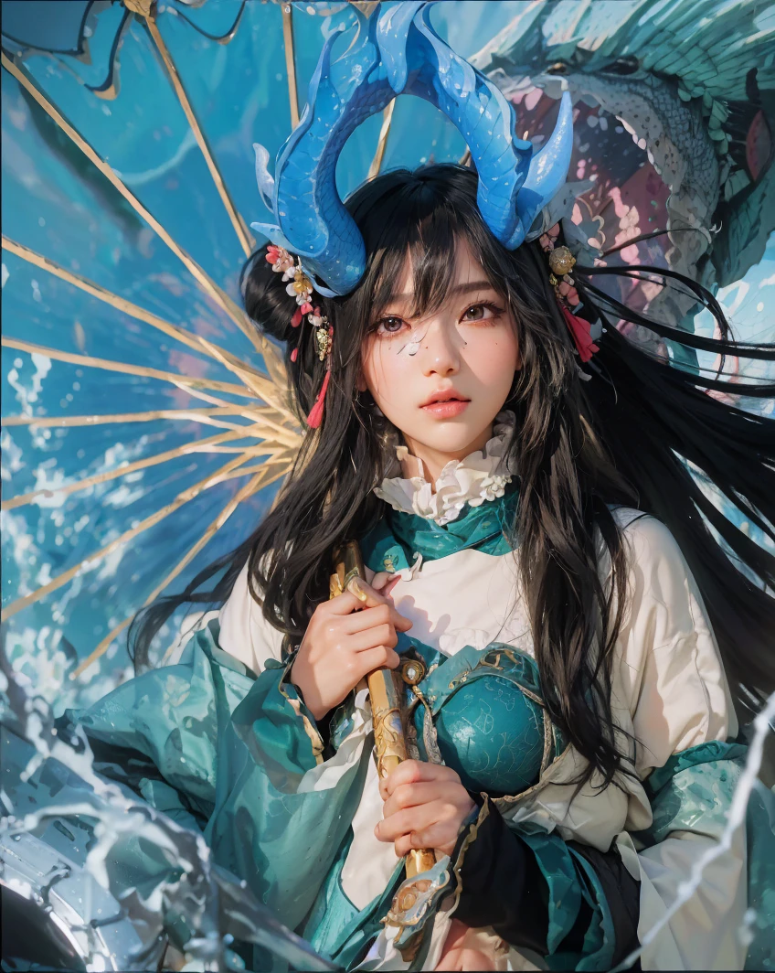 Water Management Act,Blood,Night, Dark, (fantasy),unlimited,Cobalt blue sky,The abyss of knowledge,Water flow hood,((Li's works)), (((Best quality))),((Beautiful fine eyes)),(eyeslashes)、Beautiful girl riding monster、(1 fairy)、Black hair、cabelos preto e longos、abyss eyes、glowy skin、oiled、Little Mimi God、(Huge water droplets)、Golden robes、Tattered fabric、Realistic coat、、crystal、Super delicate CG Unity 32k wallpaper、tmasterpiece, ((ultra - detailed)), ((illustratio)),Extremely colorful,the wallpaper,energy,Unknown terror,mind bending,Around water technology,Magical environment,Guns and sticks,Boken,Flight page,Know it all,Predicting the future、Learn about the past、Infinite wisdom、Blue Flame、Warlock、Langshu Circle、pentacle、Spells、mantra、Singing magic