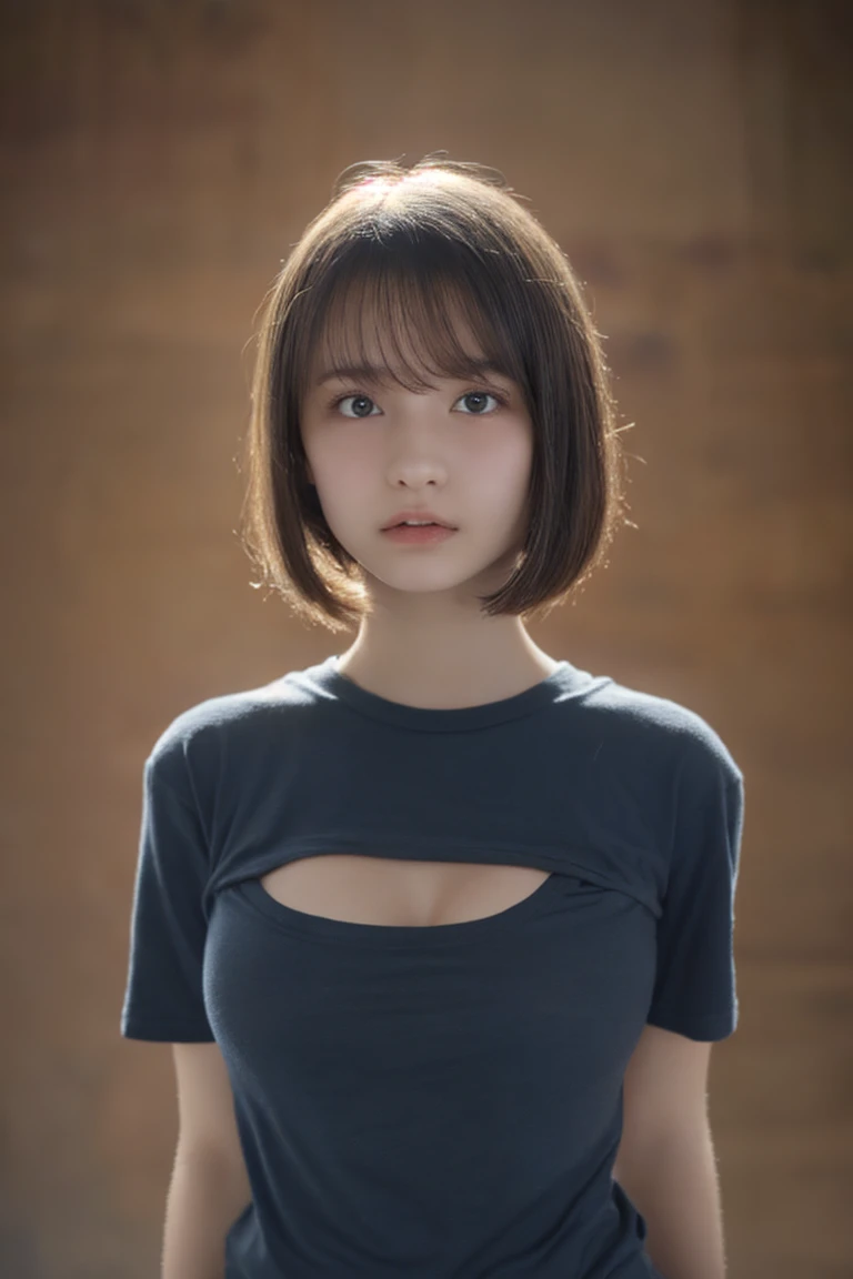 15yo girl, Black bob cut,oversized T-shirts, large breasts,(tight wear:1.4),Subdued lighting effect,Subdued lighting effect,bursting breast,Highest quality,Ultra-high resolution,1 person,Black hair, cool expression,Looking into the camera,Beautiful and elaborate face,Fine and beautiful skin,(Standing pose,upper body:1.4)