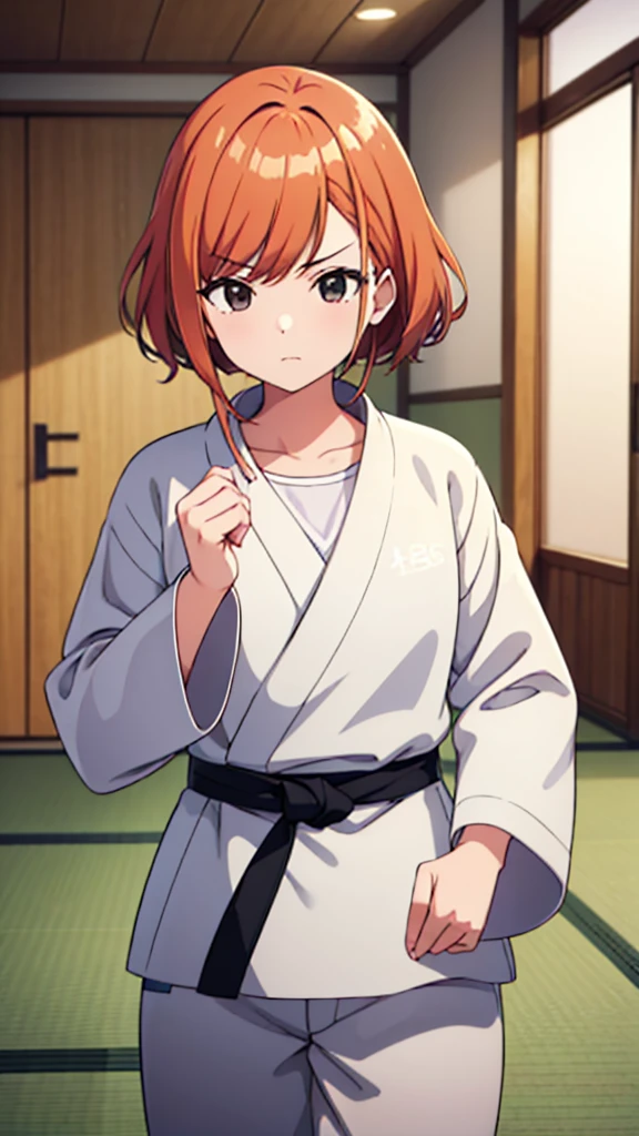 ((masterpiece, Highest quality, Very detailed, Very nice 8K CG wallpaper)), , A little thick, Medium Hair, Orange Hair, short hair, Bright black eyes,judo player、長袖judo着、Large bust、ロングjudoパンツ、judo、Serious expression、Inside the judo Gymnasium、、On the tatami、discovery、One Girl、Ready for battle、A tough fight、Arisugawa Natsuha、Height: 168cm、Bust size: B85W58H84 D cup 