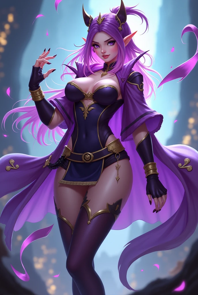 Portrait of a super villainess with an hourglass figure, symmetrical, long flowing purple hair, full purple lips, black shiny outfit, alluring blue eyes, facing viewer, looking at viewer, magical enchantress, powerful sorceress, beautiful detailed face, super realistic, surrounded by clouds of blue smoke, cosmic dark fantasy