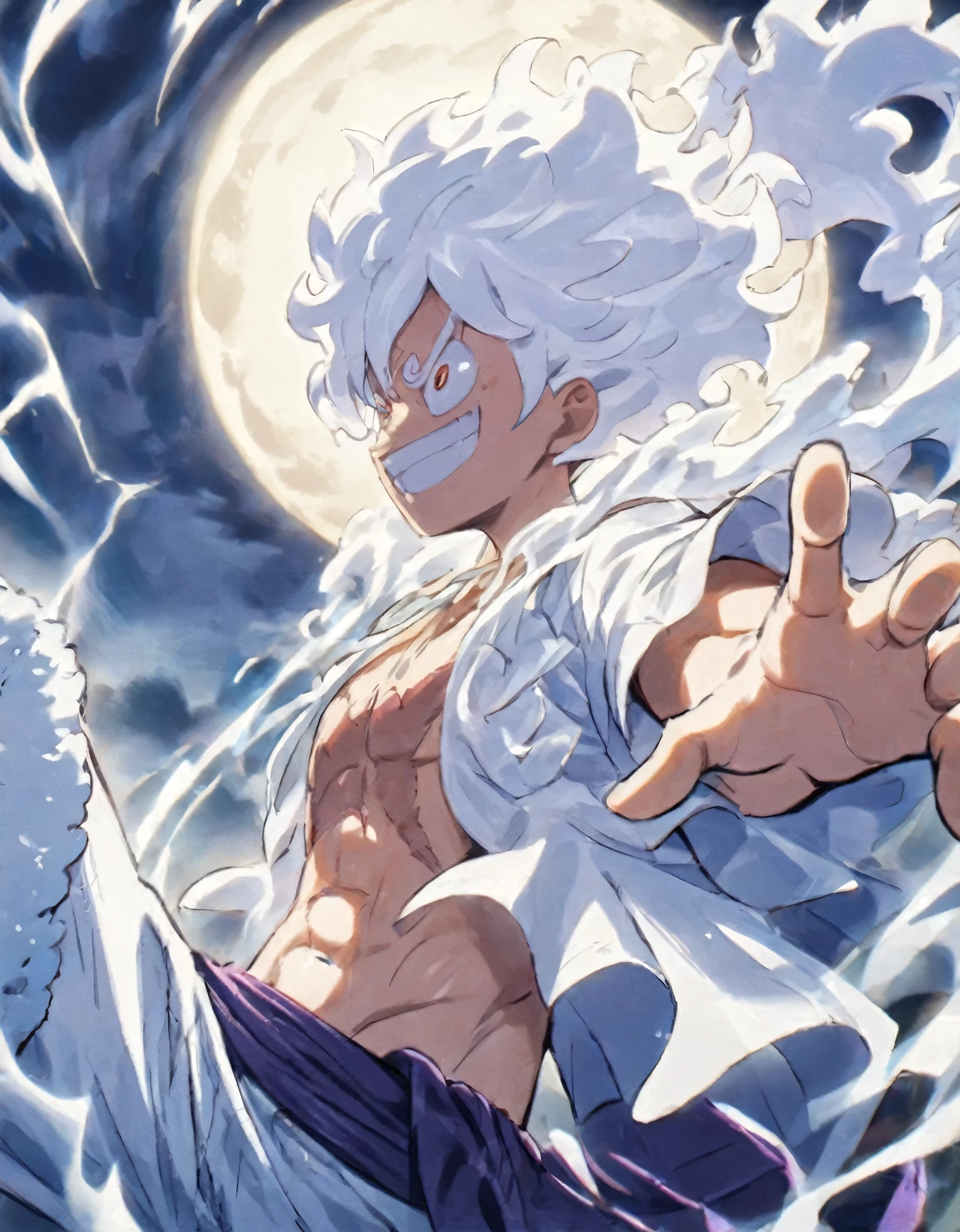 masterpiece、Luffy, white hair,  white clothes, pony tail, strong smile, ((full moon)), Night, put his hand on his chest