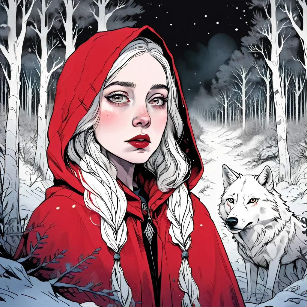 a young girl in a red hooded cloak, beautiful detailed eyes, beautiful detailed lips, extremely detailed face, long eyelashes, walking through a snowy forest, white wolf, photorealistic, cinematic lighting, fantasy, dark fairytale, moody colors, dramatic atmosphere, highly detailed, 8K, best quality, masterpiece