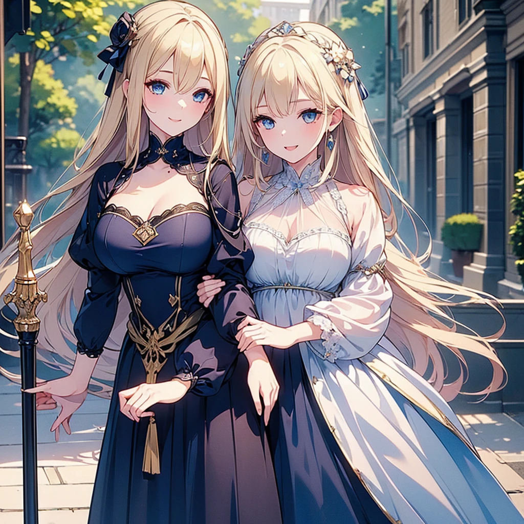 ((Highest quality)), ((masterpiece)) 、One Girl, masterpiece, (High resolution), original, extremely detailed 8K , (Photorealistic:1.4),Blue eyes ,Symmetrical body type,smile, Medieval European style street、dark blue dress、smile, blondes, Large Breasts, Cane highly detailed,Most detailed,