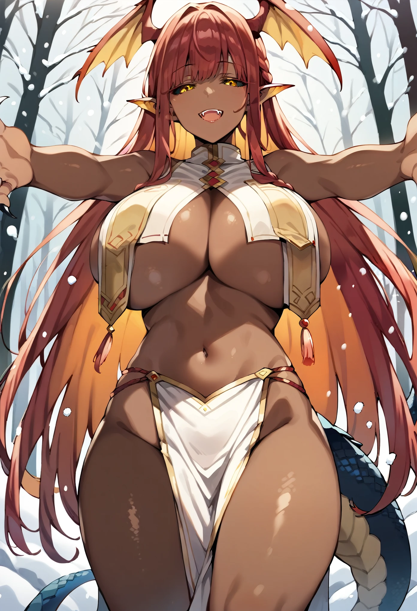 masterpiece, score_9, score_8_up, score_7_up, source_anime, best quality, extremely detailed, 1girl, milf, solo, monstee girl, (dragon girl:1.4), (dark skin, black skin:1.8), makima, (large breasts:1.9), ((((red hair), very long hair, bangs, black sclera, yellow eyes, half-closed eyes, pointy ears, head wings, dragon claw, dragon tail))), parted lips, (((pelvic curtain, breast curtains))), ((light smile), open mouth, fangs), ((motherly, beckoning, outstretched arms, forest, winter, snowing))