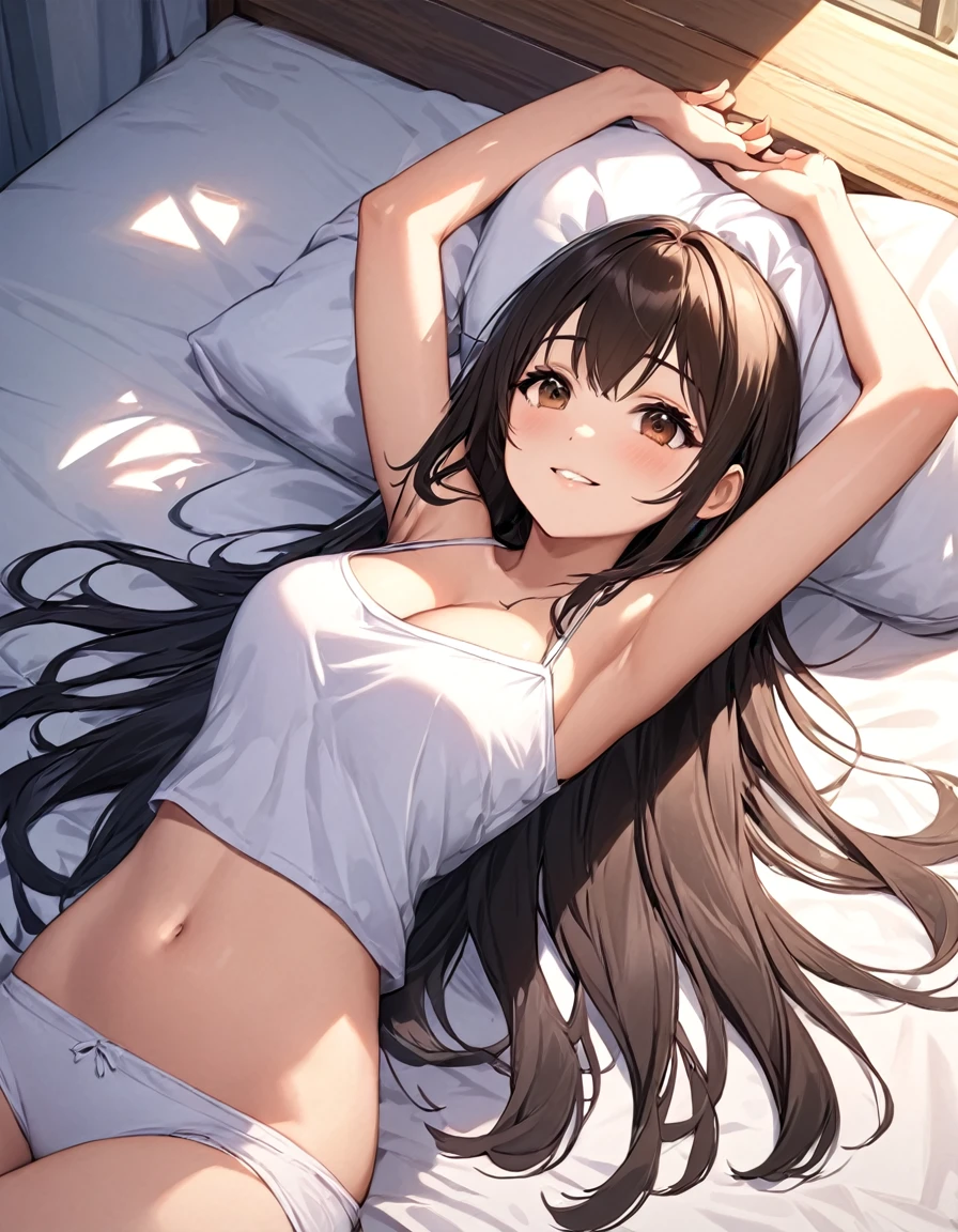 4k, materpiece, bestquality, detailed, detailed scenery, 1Girl, cute, adorable, straight hair, long hair, black hair, brown eyes, cleavage, smiling, Looking into the camera, Bedroom, morning, daylight,  tube top, lying on bed,
(on back:1.3),
(put head on pillow:1.3), (arms raised in air:1.3),
extend arms straight out,
(show palm:1.3), 
from above