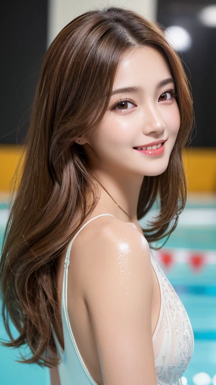 ((masterpiece: 1.4, best quality))+,(ultra detail)+, official art, unity 8k wallpaper, ultra detail, beautiful, high quality, Highlight your cute face,  masterpiece, best quality, half wavy medium length hair, (brown eyes, brown hair), bust, looking straight ahead, laugh, Swimsuit models, (bust:1.3)