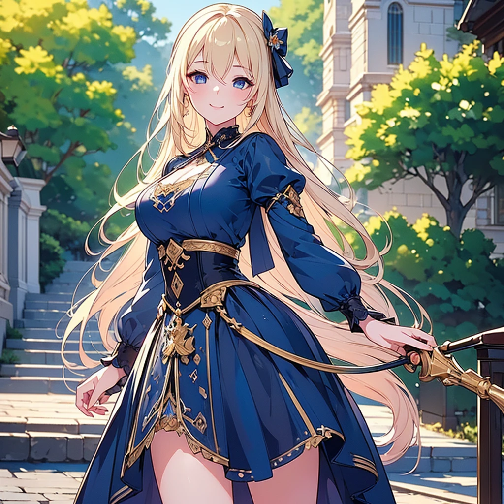 ((Highest quality)), ((masterpiece)) 、One Girl, masterpiece, (High resolution), original, extremely detailed 8K , (Photorealistic:1.4),Blue eyes ,Symmetrical body type,smile, Medieval European style street、dark blue dress、smile, blondes, Large Breasts, Cane highly detailed,Most detailed,