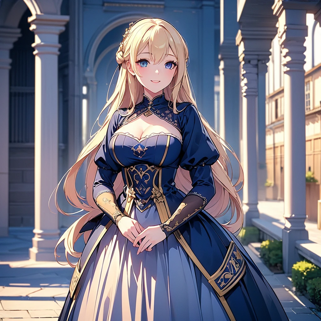 ((Highest quality)), ((masterpiece)) 、One Girl, masterpiece, (High resolution), original, extremely detailed 8K , (Photorealistic:1.4),Blue eyes ,Symmetrical body type,smile, Medieval European style street、dark blue dress、smile, blondes, Large Breasts, Cane highly detailed,Most detailed,