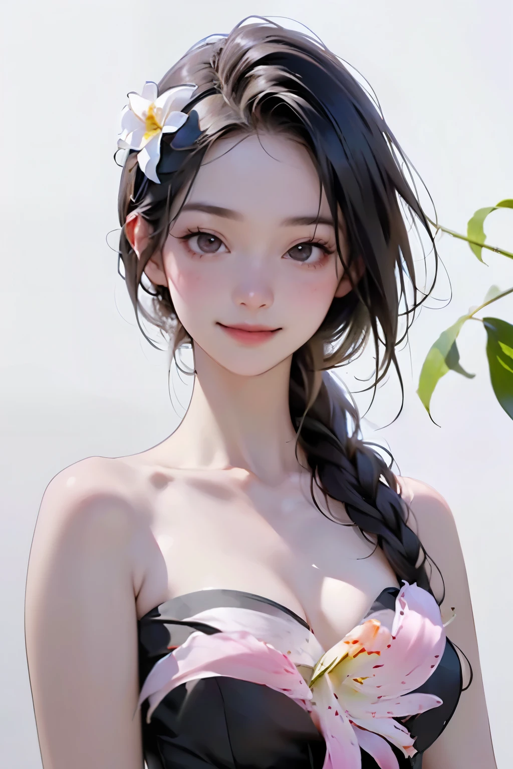 (The girl is holding a kanoko lily flower)、(Accurate flower shape:1.2)、(1 girl、alone、whole body、Natural standing posture)、(Detailed facial depiction、A kind smile)、(Portraiture:1.2)、(Blur the background)、((White Background))、((Plain background))、((No logo))、(Highest quality、High resolution、masterpiece)、4K、8k、wallpaper、