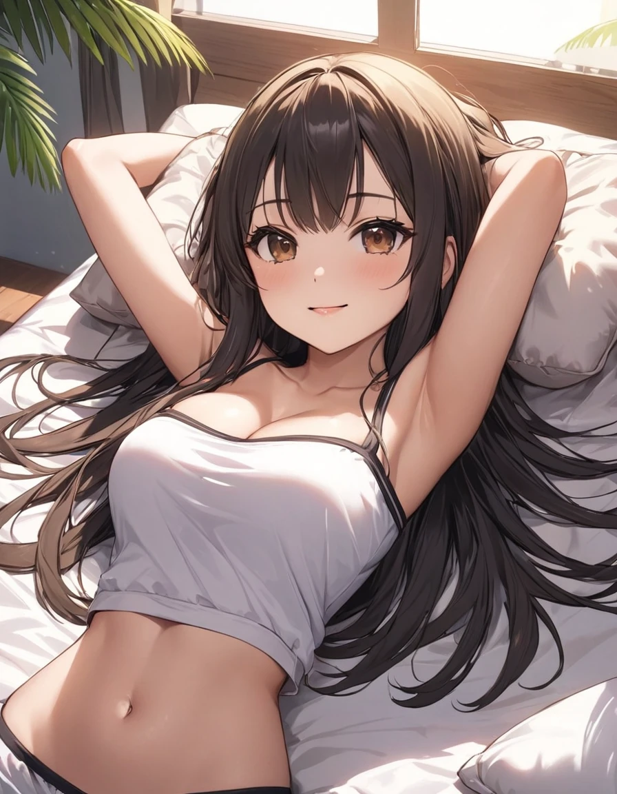 4k, materpiece, bestquality, detailed, detailed scenery, 1Girl, cute, adorable, straight hair, long hair, black hair, brown eyes, cleavage, smiling, Looking into the camera, Bedroom, morning, daylight,  tube top, lying on bed,
(on back:1.3),
(put head on pillow:1.3), (arms raised in air:1.3),
extend arms straight out,
(show palm:1.3), 
from above