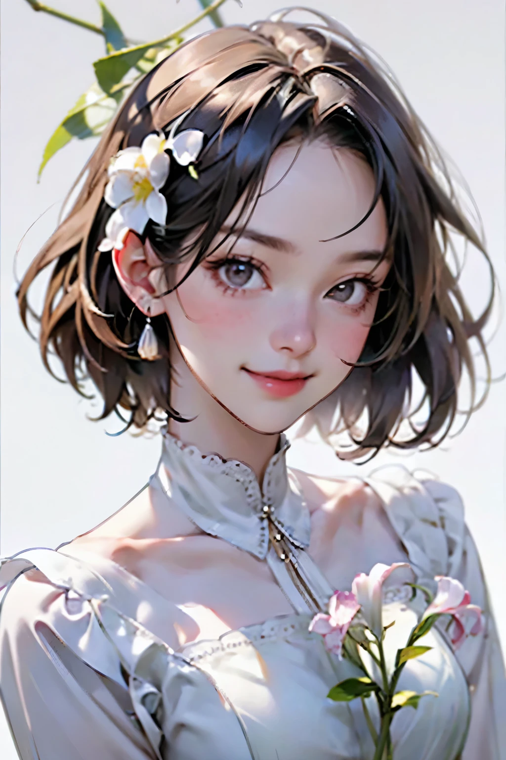 (The girl is holding a kanoko lily flower)、(The lily of the valley flowers are blooming)、(Accurate flower shape:1.2)、(1 girl、alone、whole body、Natural standing posture)、(Detailed facial depiction、A kind smile)、(Portraiture:1.2)、(Vintage、Classic)、(Blur the background)、((White Background))、((Plain background))、((No logo))、(Highest quality、High resolution、masterpiece)、4K、8k、wallpaper、