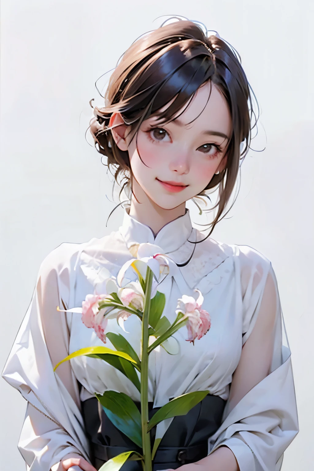 (The girl is holding a kanoko lily flower)、(The lily of the valley flowers are blooming)、(Accurate flower shape:1.2)、(1 girl、alone、whole body、Natural standing posture)、(Detailed facial depiction、A kind smile)、(Portraiture:1.2)、(Vintage、Classic)、(Blur the background)、((White Background))、((Plain background))、((No logo))、(Highest quality、High resolution、masterpiece)、4K、8k、wallpaper、