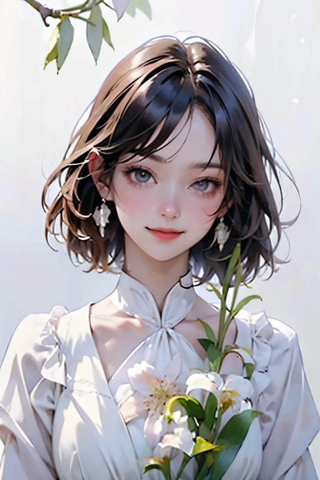 (The girl is holding a kanoko lily flower)、(The lily of the valley flowers are blooming)、(Accurate flower shape:1.2)、(1 girl、alone、whole body、Natural standing posture)、(Detailed facial depiction、A kind smile)、(Portraiture:1.2)、(Vintage、Classic)、((Watercolor of singer Sargent))、Impressionist painting、(Blur the background)、((White Background))、((Plain background))、((No logo))、(Highest quality、High resolution、masterpiece)、4K、8k、wallpaper、