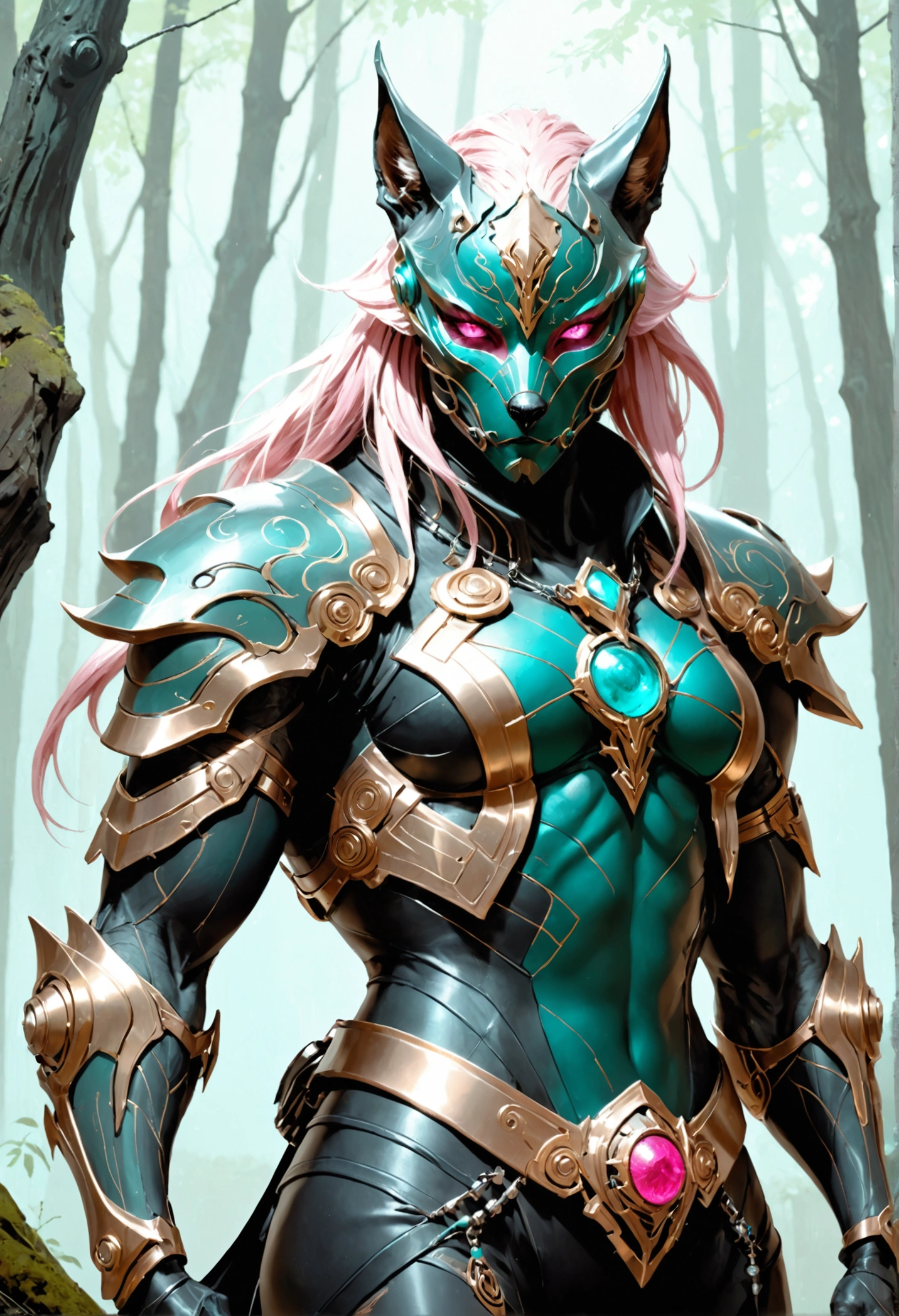 A Complex and Highly Detailed Illustration of the Warframe Concept of a Dark and Evil Warrior, Embodying the True Spirit of the Cybernetic (Werewolf - woman), large breasts, narrow waist, (tight black leather clothing), narrow waist, full-length body, Skin And Flesh of the Warframe Have A Shiny Metallic Shade Of Pale Copper Whiteness. He Wears A Mask Of A Formidable Villain In The Form Of A Metal Wolf, Which Covers His Face. Deep Neon-Red Eyes Shine From Under A Mask Of Dark Turquoise, Silver And Dark Pink Gold. Make Sure That The Eyes Are Dark Red. The mask should be cyber wolf, without horns. The Warrior's Long Blond Hair, Braided, Falls Behind His Back. On The Neck Of The Cyber Warrior Is A Collar Made Of Dark Pink Gold. On The Shoulders Are Large Smooth Metal Shields Made Of Dark Pink Gold. His Long, Muscular Arms Are Covered With Dark Turquoise Metal Inserts. A Long, Slender Body Is Depicted In an attacking squatting position. Magnificent airbrushing In shades of Dark turquoise, Black, Silver and Dark Pink Gold. The mixed art style of Studio Ghibli and Todd McFarland. An Overly Detailed Dark Green Forest With Dark Black Trees Is Depicted In The Background