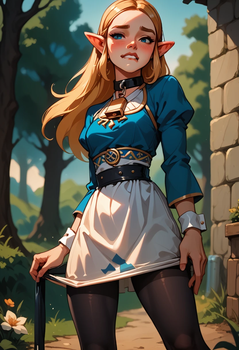 zelda in chastitiy belt, dripping, blushing, biting lip, dress, outside, choker, cowbell, bending over, black pantyhose, blue heels, ankle cuffs, wrist cuffs, straight legs, skirt lift, solo