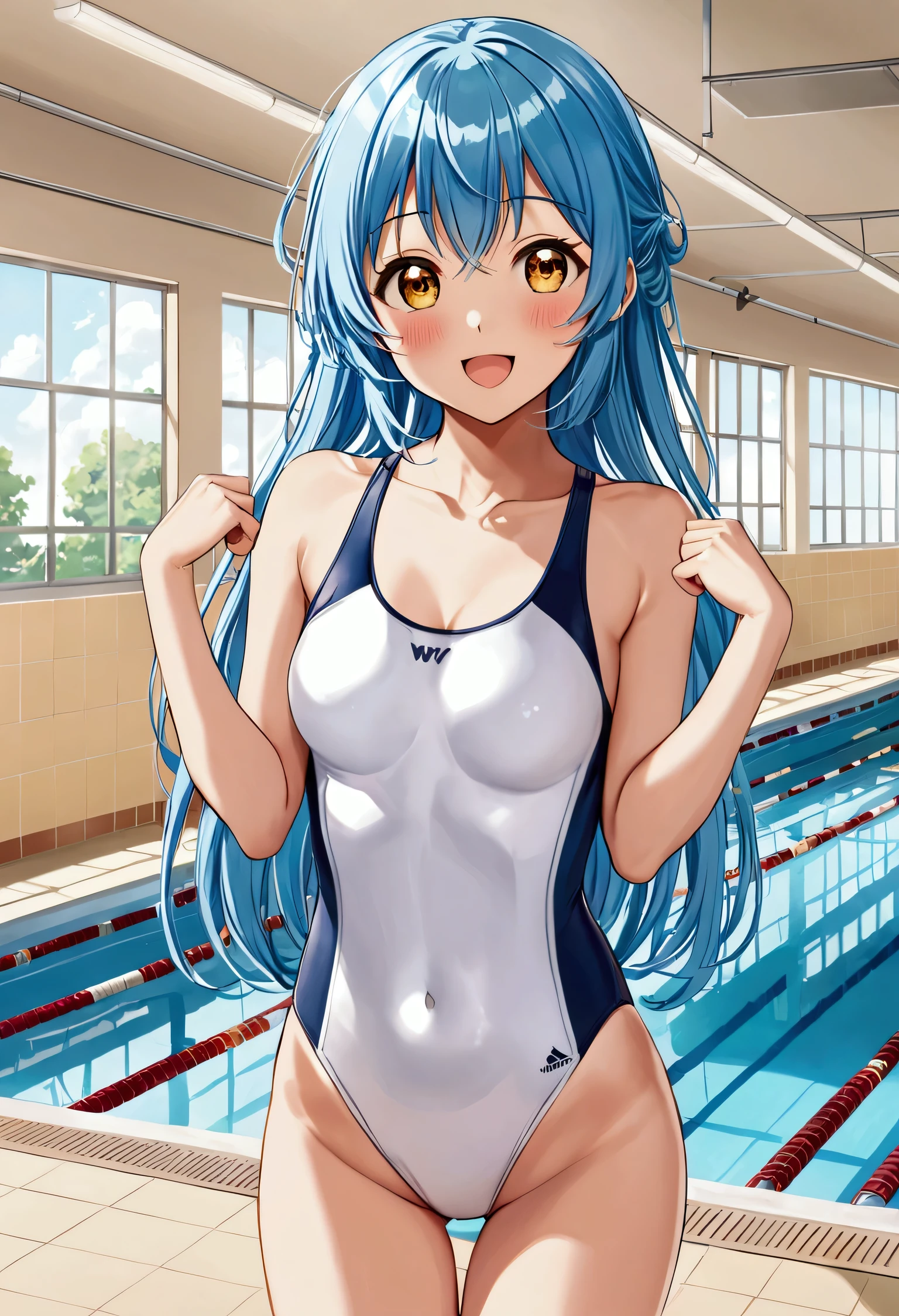 A cute anime girl, competition swimsuit, blue hair, amber eyes, cute face, medium breasts, slim legs, slender body, looking at viewer, smile, blush, open mouth, school pool, indoors, cowboy shot, cute eyes, arms behind back, very long hair, excited, highleg, knees together feet apart, w arms, girly pose