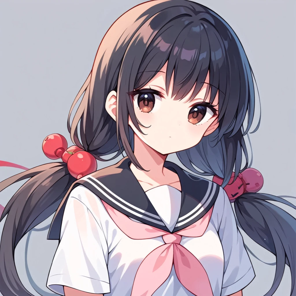 score_9, score_8_up, score_7_up, score_6_up, (High resolution, 8k, best quality, masterpiece, ultra detailed), anatomically correct, anime, 1girl, very long low twintails with red ribbon, very long low pigtails, black hair, dark brown eye, 
expressionless, serafuku, black sailor collar, white blouse, pink neckerchief, school gate, high school in Tokyo, school gateway, from front, Japanese