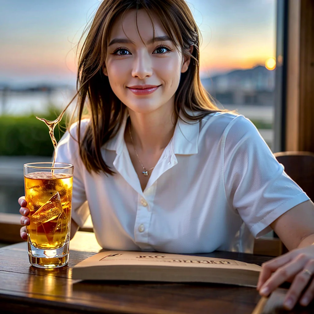 light brown haired girl smiling, (potted herb on the table), holding a cocktail in her hand, in nature, (trees)