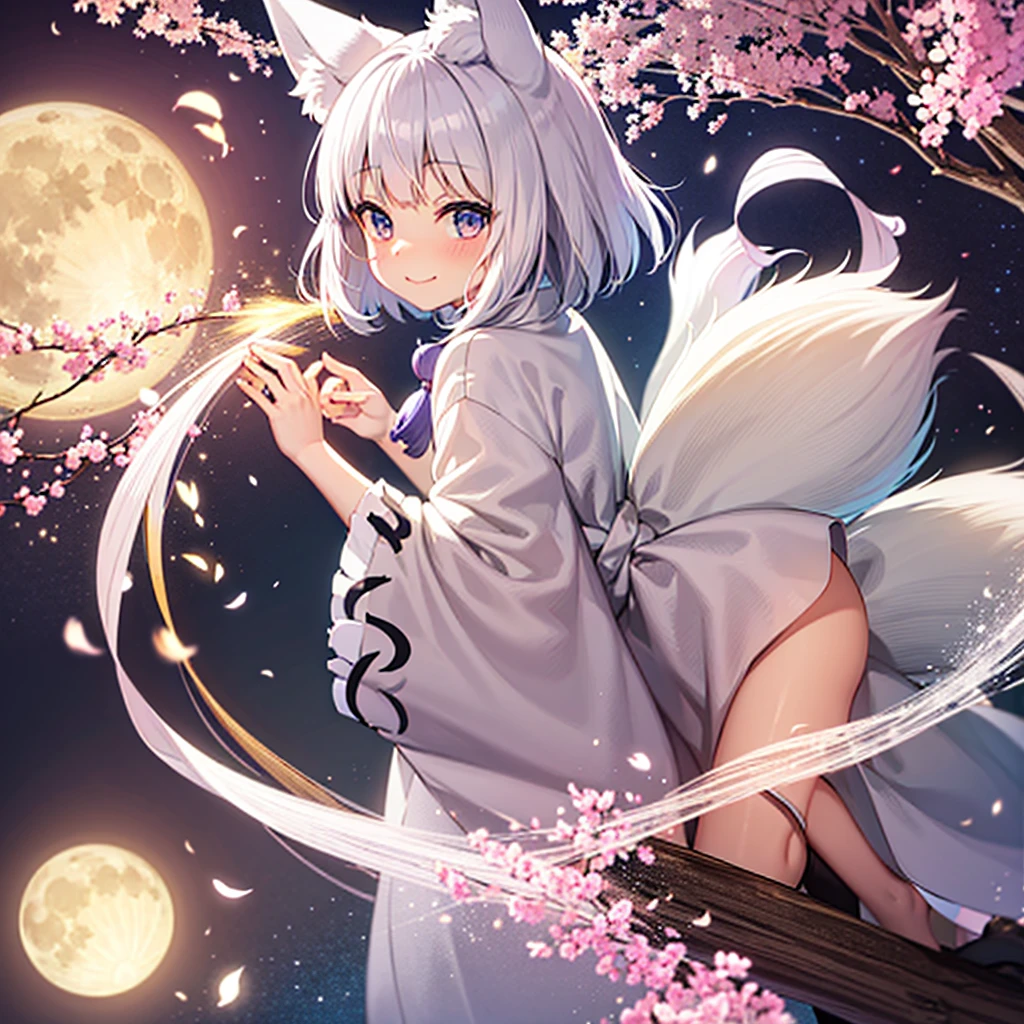 kon, fox, white, tail, ears, cute, moon, beautiful, small, smile