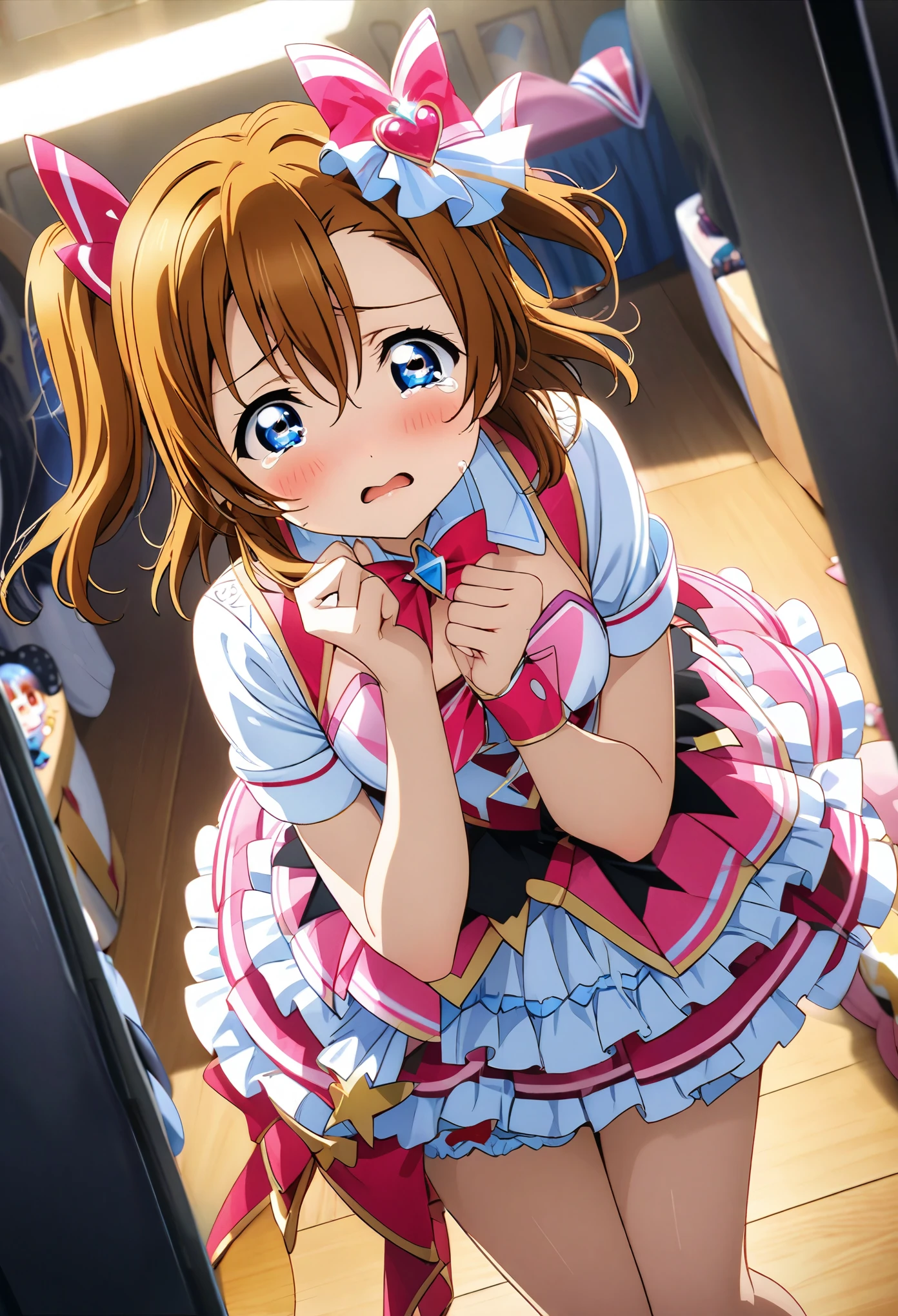 ((Pixel Perfect, Perfect detail))),(Browsing Caution), (Ideal body type), alone, alone girl, Honoka Kosaka, 1, blue eyes, chest, blush, anime, masterpiece, Highest quality, lovelive!, {{Honoka Kosaka: 1.5}} ((Detailed face, Highly detailed CG)),(Perfect hands, Perfect Anatomy),(lovelive,Idol Costumes:1.3), (Magical Girl Dress,: 1.3), (Frilled Skirt: 1.3), (White briefs: 1.3), ((Frilled Briefs:1.2)), ((brief Shot:1.5)), (Scared:1.3),(Tears in my eyes: 1.4), blush, m's, lovelive! A bedroom decorated with figurines and idol posters, blue eyes, Orange Hair, On one side, short hair,(Skirt rolled up,: 1.5), (grinding:1.5),