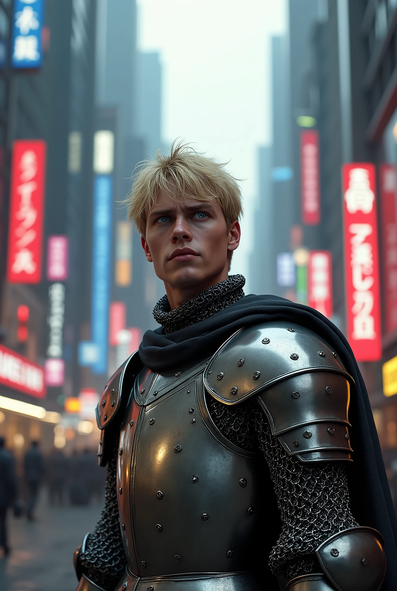 professional illustration, golden ratio, unreal engine illustration of a medieval knight wearing chain armor standing in modern city, surprise expression, he has blonde hair and blue eyes, cinematic lighting, Ultra HD