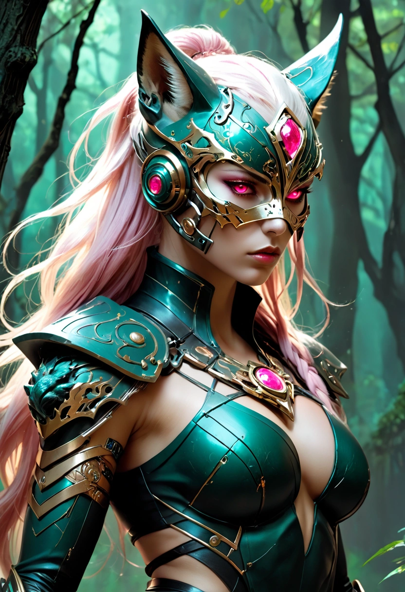 A Complex and Highly Detailed Illustration of the Warframe Concept of a Dark and Evil Warrior, Embodying the True Spirit of the Cybernetic (Werewolf - (woman)), large breasts, narrow waist, (tight black leather clothing), narrow waist, full-length body, Skin And Flesh of the Warframe Have A Shiny Metallic Shade Of Pale Copper Whiteness. She Wears A Mask Of A Formidable Villainess In The Form Of A Metal Wolf, Which Covers Her Face. Deep Neon-Red Eyes Shine From Under A Mask Of Dark Turquoise, Silver And Dark Pink Gold. Make Sure That The Eyes Are Dark Red. The mask should be cyber wolf, without horns. The Warrior's Long Blond Hair, Braided, Falls Behind His Back. On The Neck Of The Cyber Warrior Is A Collar Made Of Dark Pink Gold. On The Shoulders Are Large Smooth Metal Shields Made Of Dark Pink Gold. HER Long, Muscular Arms Are Covered With Dark Turquoise Metal Inserts. A Long, Slender Body Is Depicted In an attacking squatting position. Magnificent airbrushing In shades of Dark turquoise, Black, Silver and Dark Pink Gold. The mixed art style of Studio Ghibli and Todd McFarland. An Overly Detailed Dark Green Forest With Dark Black Trees Is Depicted In The Background