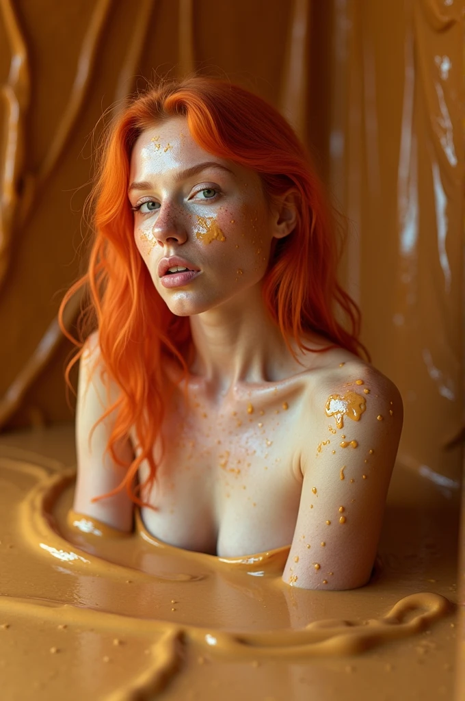 Full length view, a woman in her early twenties lays on her back, 100 worms are crawling on her body, slugs covering her face, slime is on her body, she is a white woman, she has red hair, slime is on her face, slime is covering her face,,  is on her face, slugs are on her face, mouthfull of slugs,