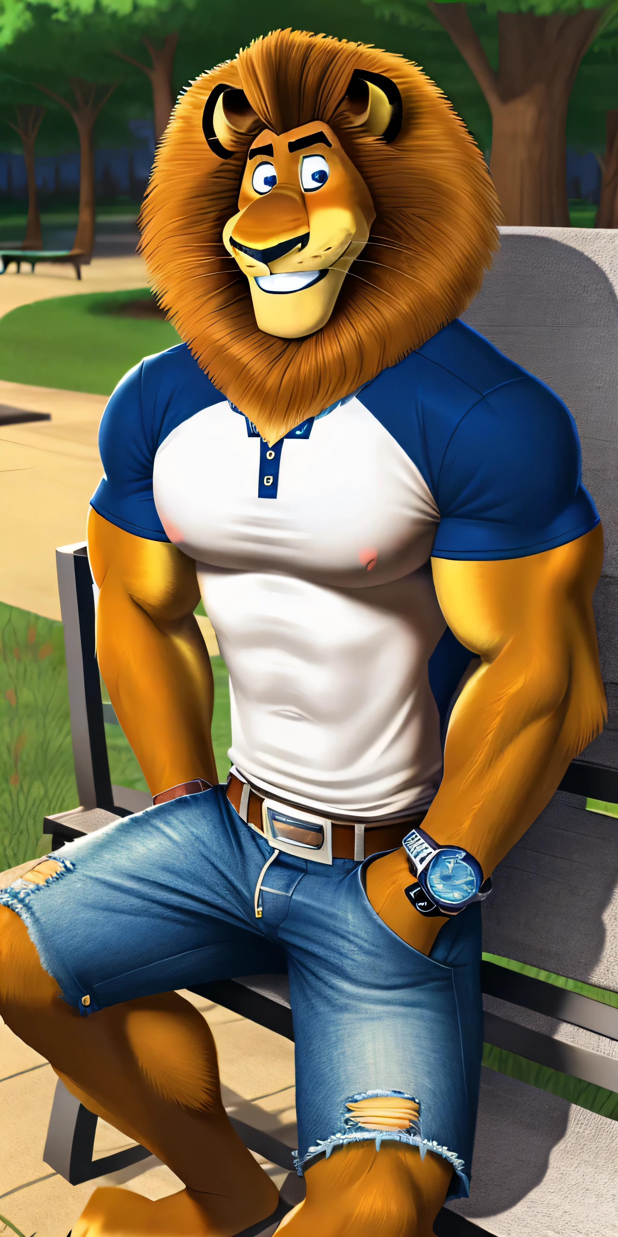 Alex the Lion, muscular body, big biceps, extremely beautiful and cute face, perfectly detailed blue eyes with perfectly detailed pupils, wears white polo shirt, cargo shorts, blue sneakers, sitting in car, selfie, kind look, cute smile